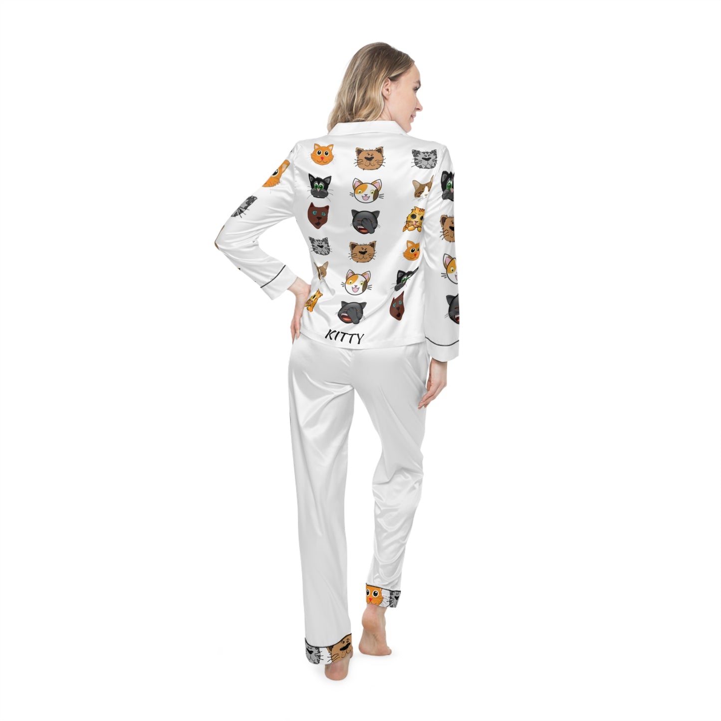 Women's Satin Pajama Set for Cat Lovers – Luxury Silky Sleepwear, Elegant Nightwear, Gift for Her