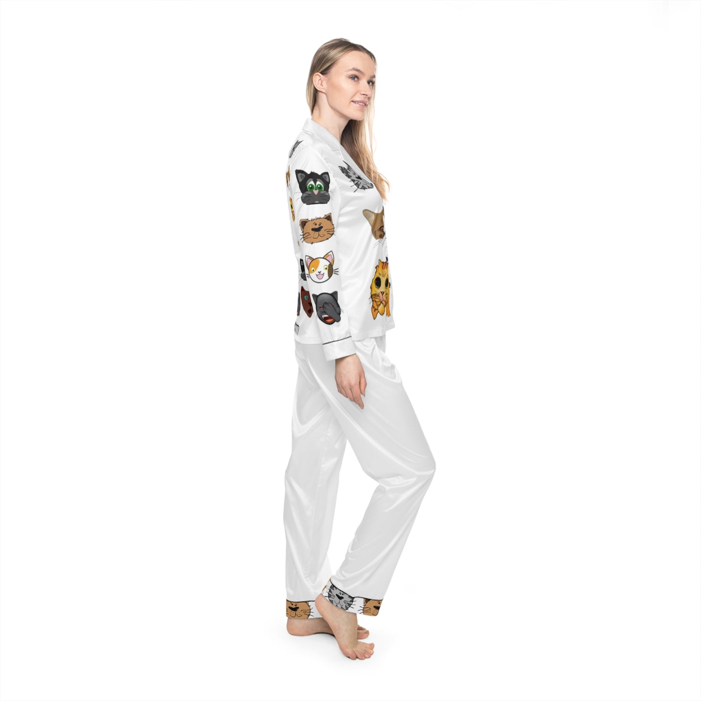 Women's Satin Pajama Set for Cat Lovers – Luxury Silky Sleepwear, Elegant Nightwear, Gift for Her
