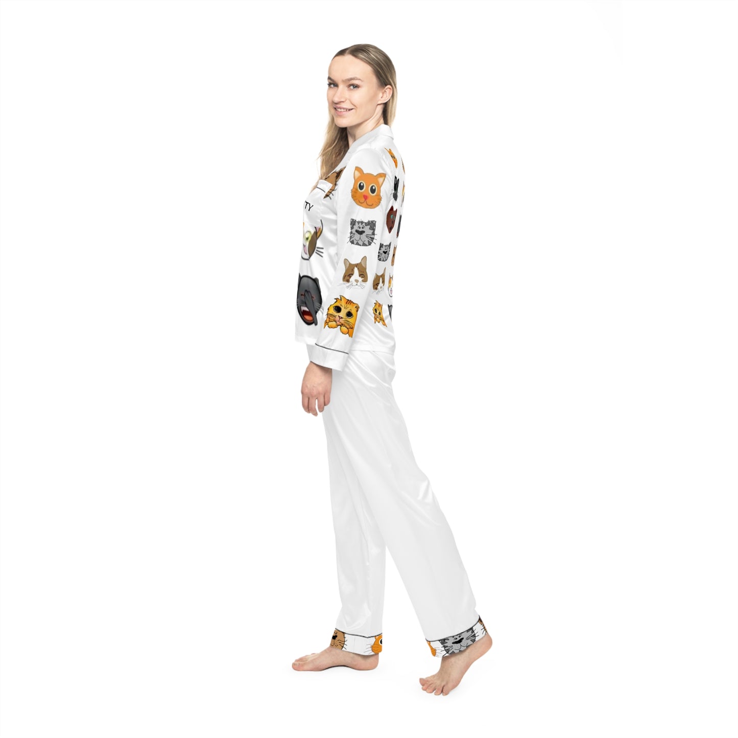 Women's Satin Pajama Set for Cat Lovers – Luxury Silky Sleepwear, Elegant Nightwear, Gift for Her