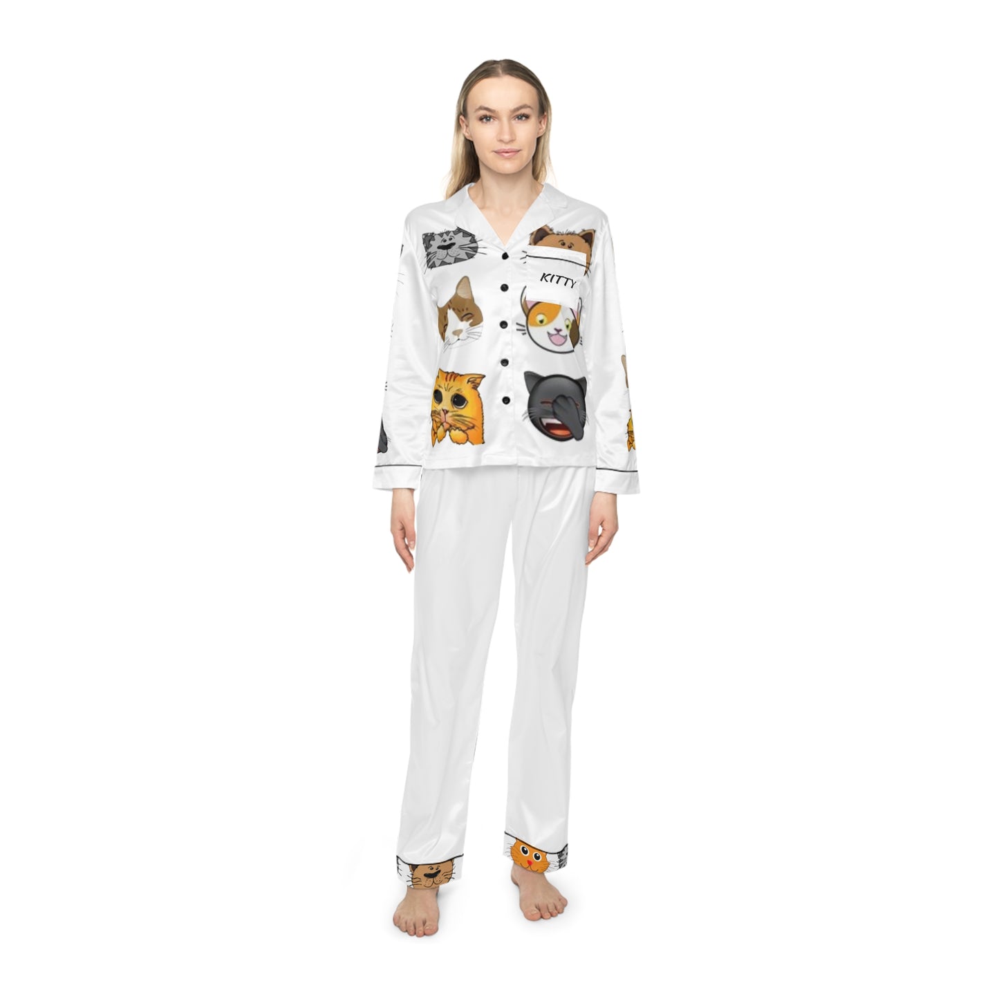 Women's Satin Pajama Set for Cat Lovers – Luxury Silky Sleepwear, Elegant Nightwear, Gift for Her