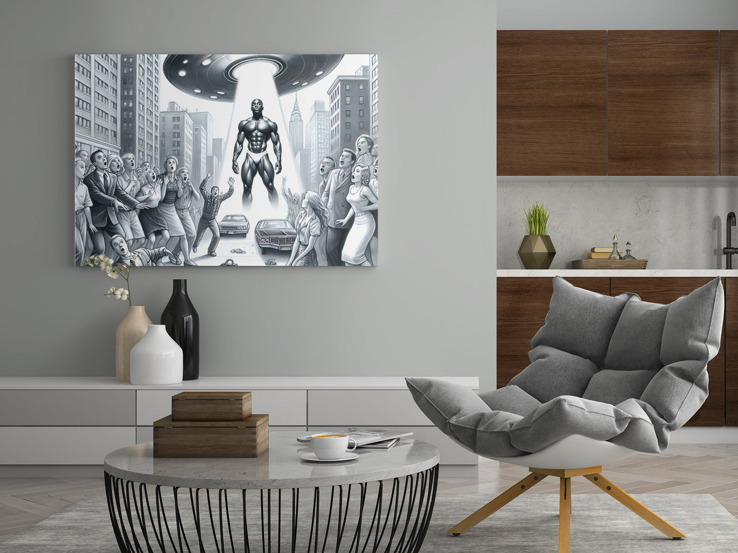 Black Alien from Space Acrylic Print | UFO Art Print | Futuristic Wall Decor | Sci-Fi Acrylic Wall Art | Alien Art | Space-Themed Prints
