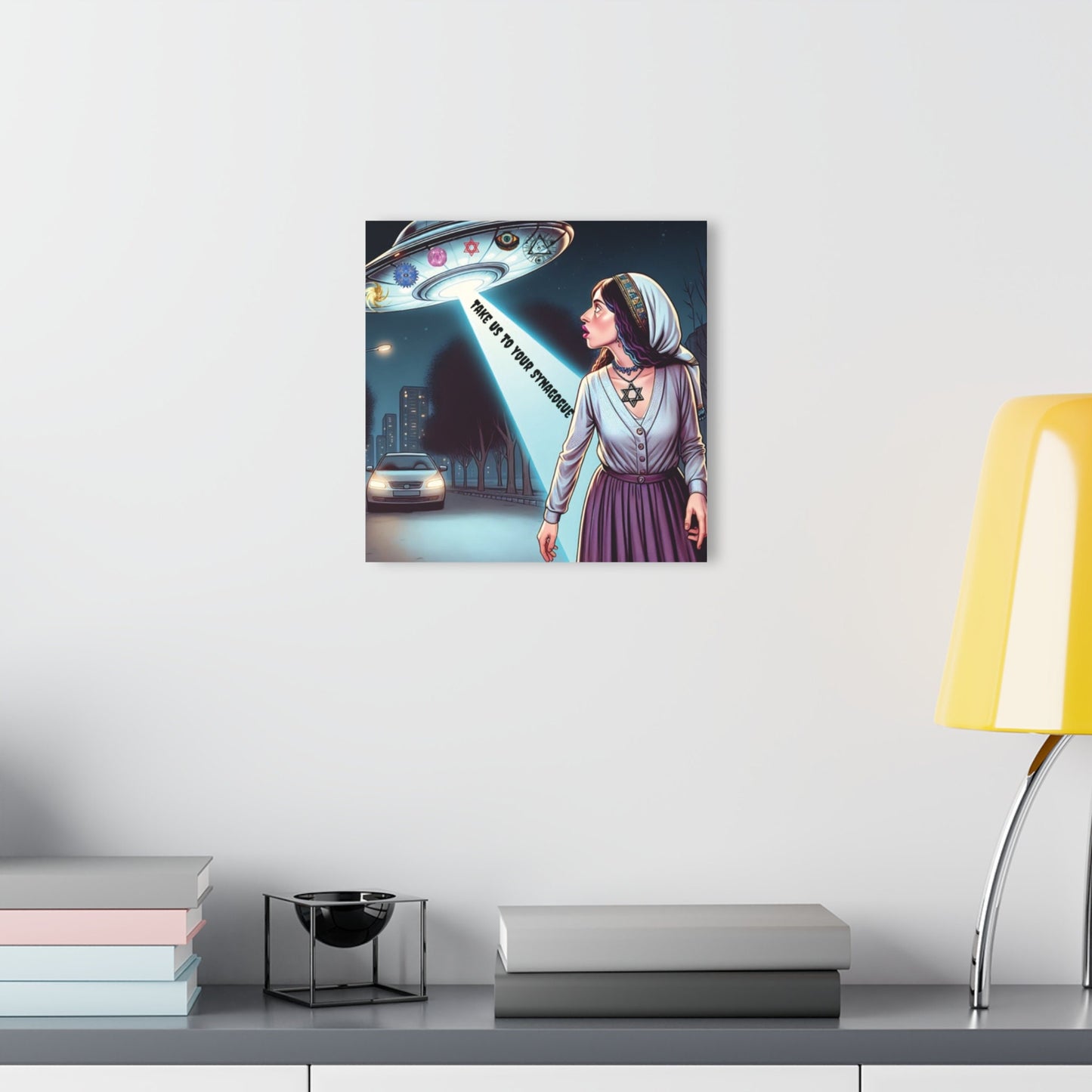 Acrylic Prints of a Jewish Woman in a UFO, Acrylic Prints, Jewish Prints, Jewish Photos