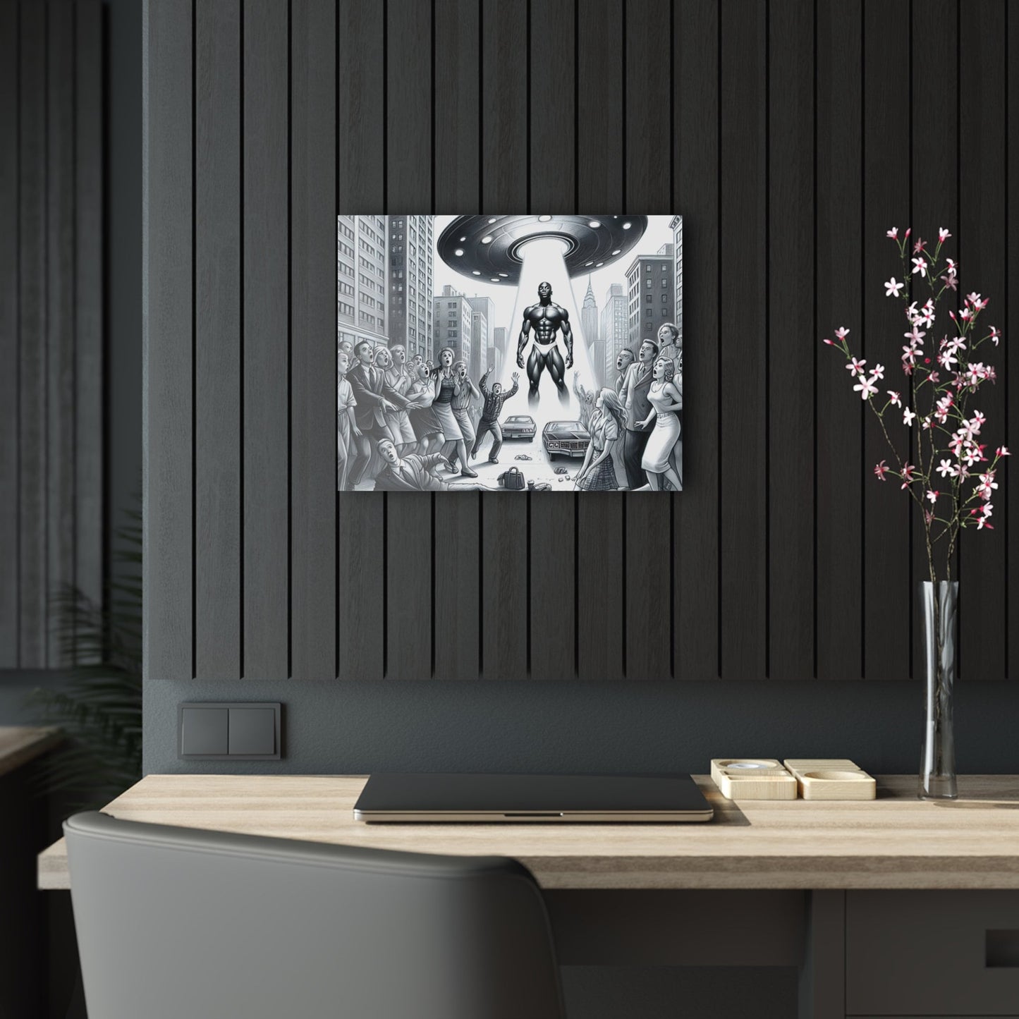Black Alien from Space Acrylic Print | UFO Art Print | Futuristic Wall Decor | Sci-Fi Acrylic Wall Art | Alien Art | Space-Themed Prints