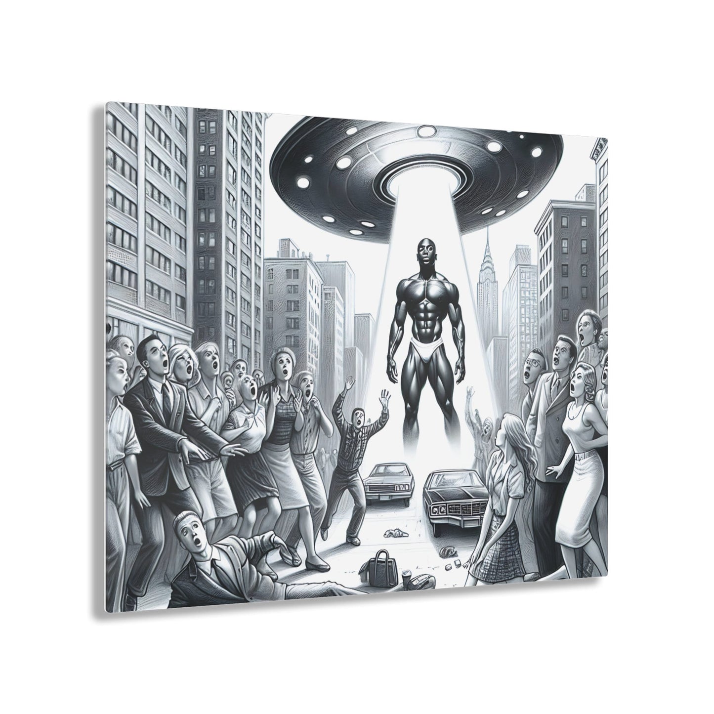 Black Alien from Space Acrylic Print | UFO Art Print | Futuristic Wall Decor | Sci-Fi Acrylic Wall Art | Alien Art | Space-Themed Prints